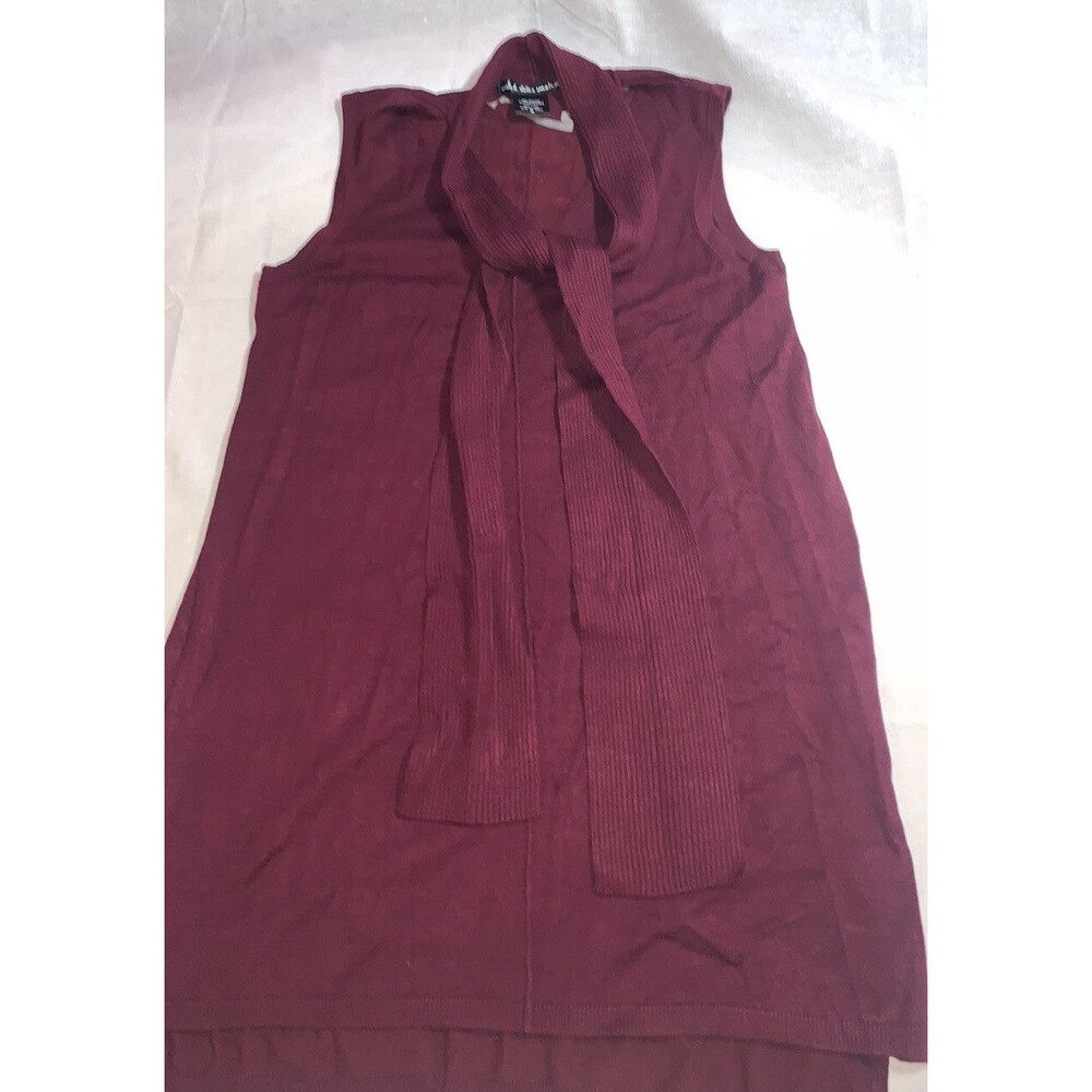 Side slits tunic top tie bow burgundy sleeveless hi-low stretch career casual M